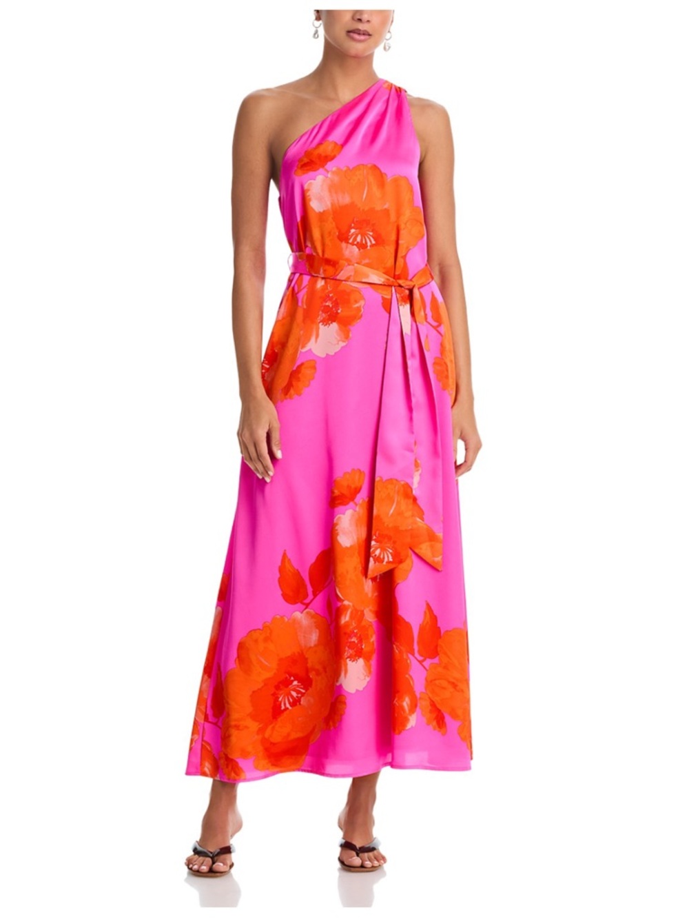 Aqua One-Shoulder Pink Maxi Dress with Orange Floral Print